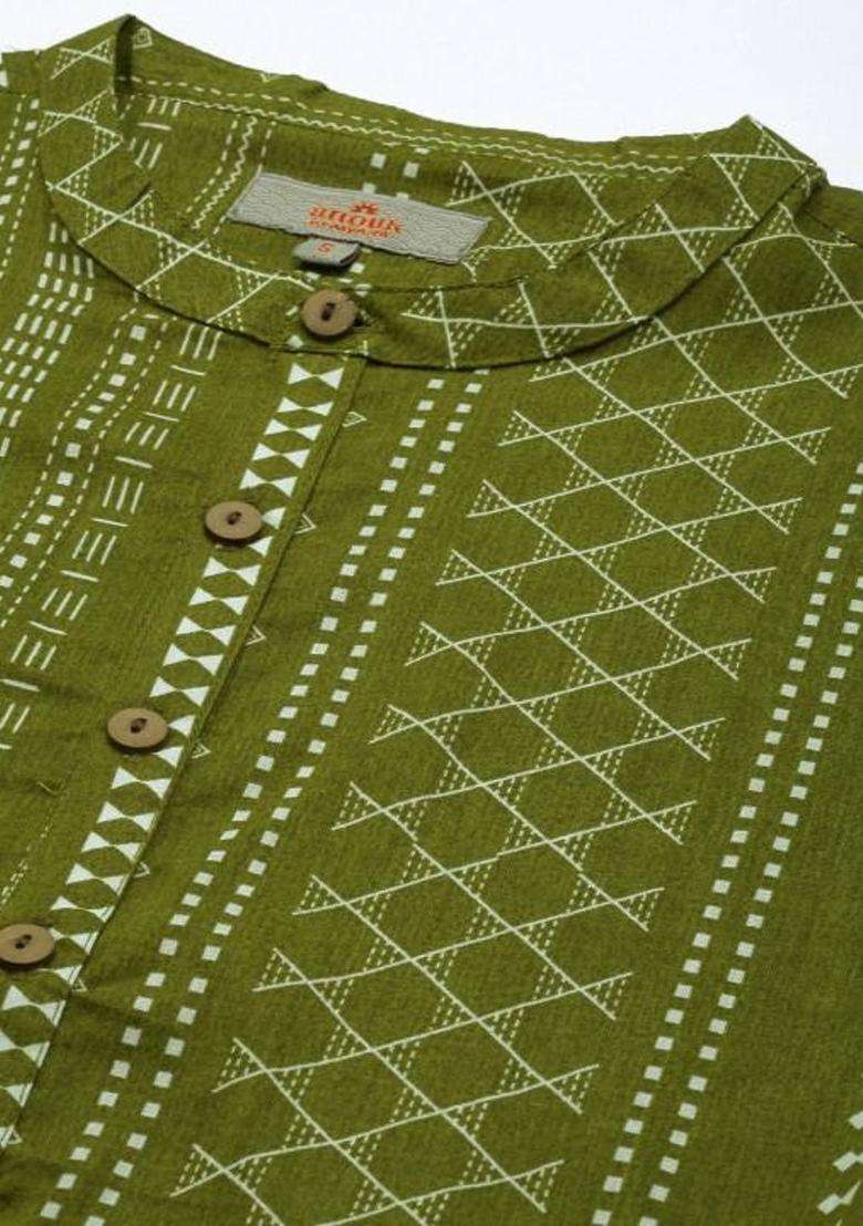 Olive Printed Cotton Kurta Set For Men - Indya