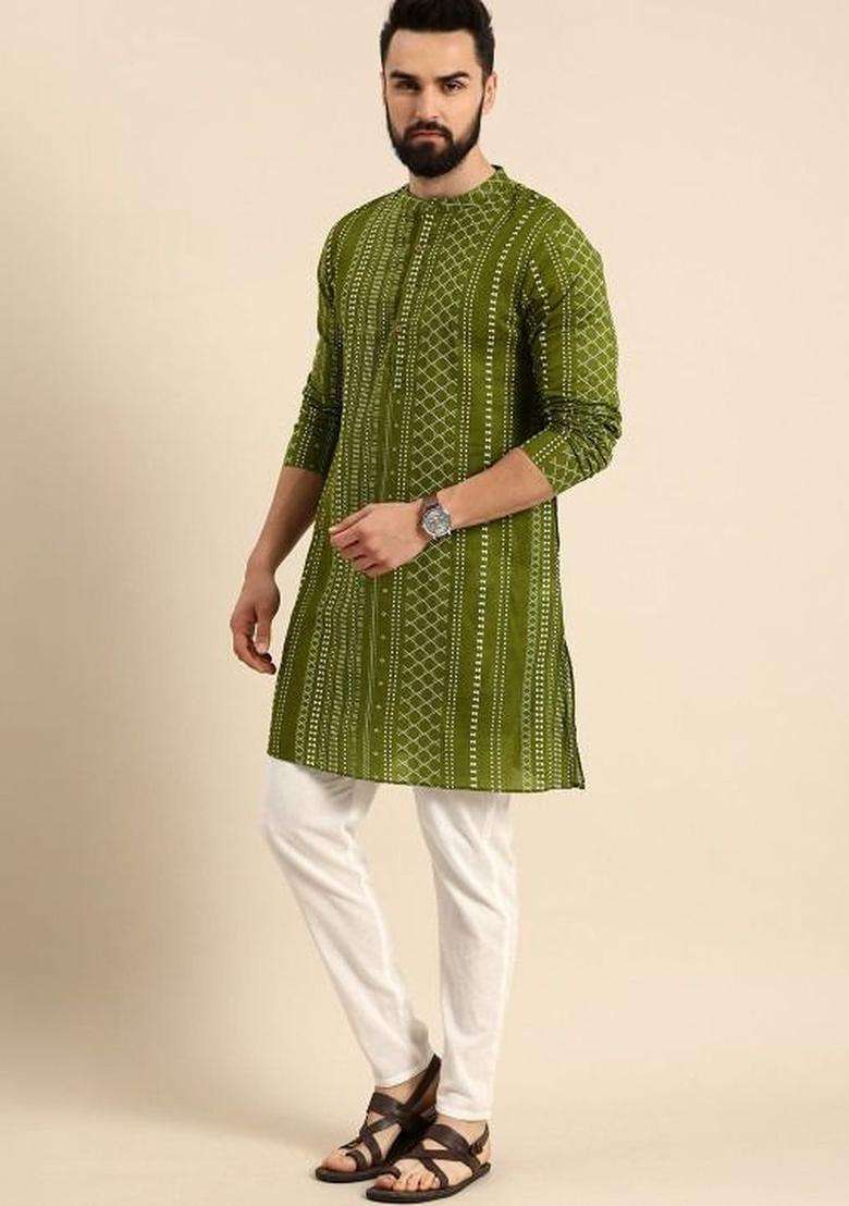 Olive Printed Cotton Kurta Set For Men - Indya