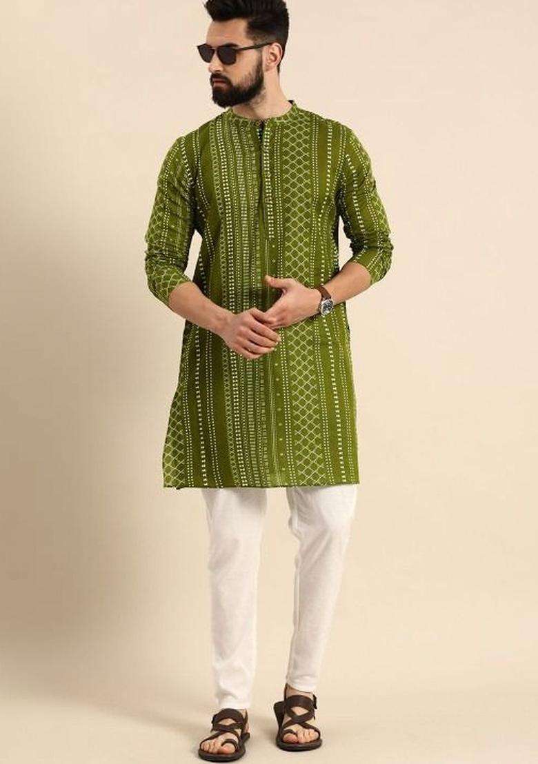 Olive Printed Cotton Kurta Set For Men - Indya