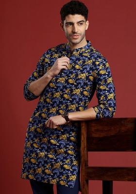 Navy Blue Printed Cotton Kurta Set For Men