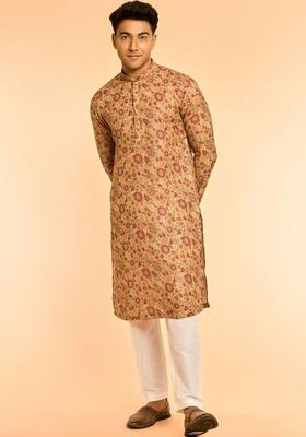 Mustard Printed Cotton Kurta Set For Men