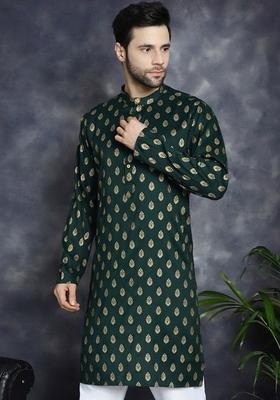 Green Printed Cotton Kurta Set For Men