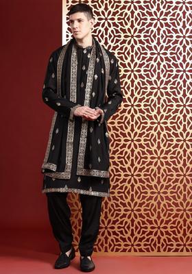 Black Embroidered Cotton Kurta Set For Men