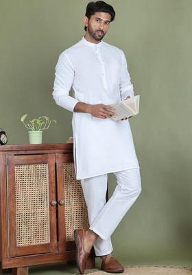 White Solid Cotton Kurta Set For Men