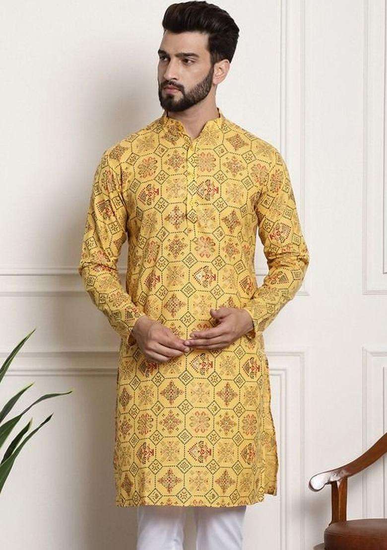 Yellow Printed Cotton Kurta Set For Men - Indya