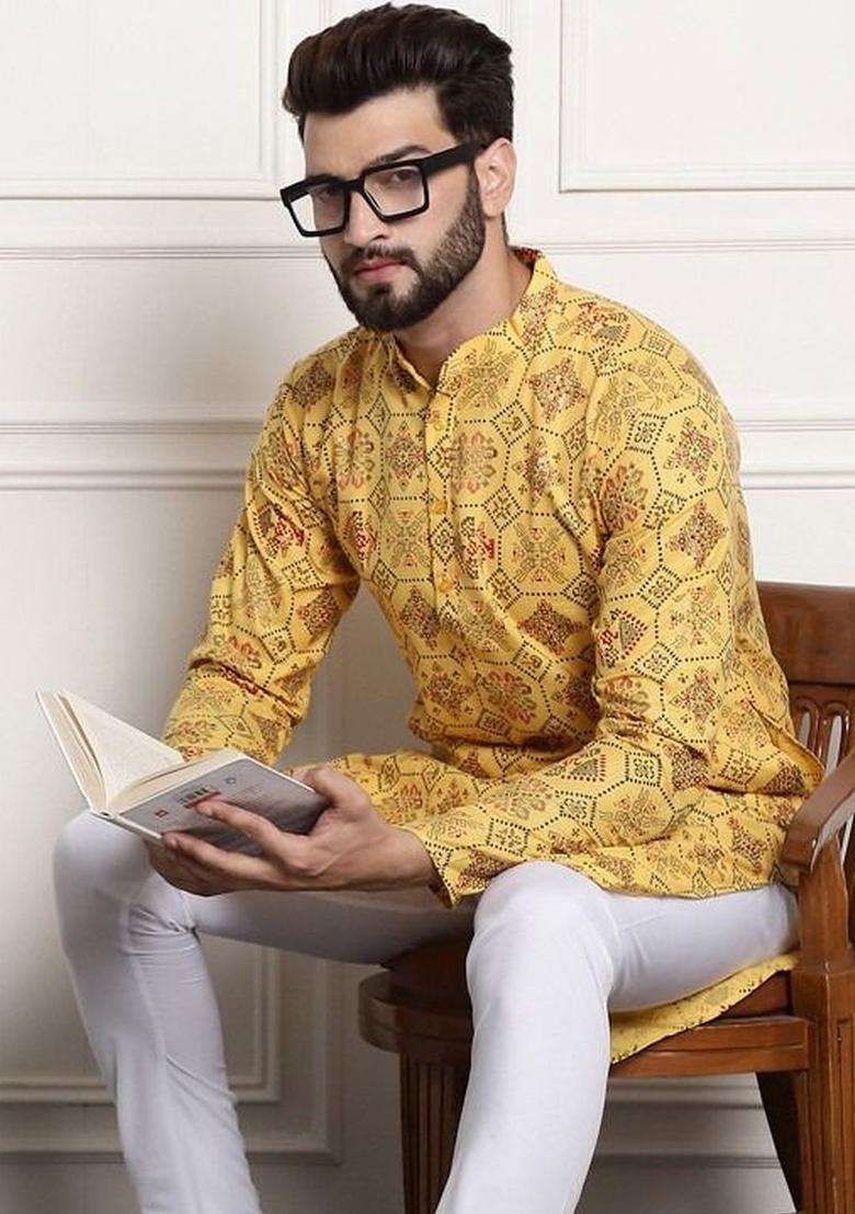 Yellow Printed Cotton Kurta Set For Men - Indya