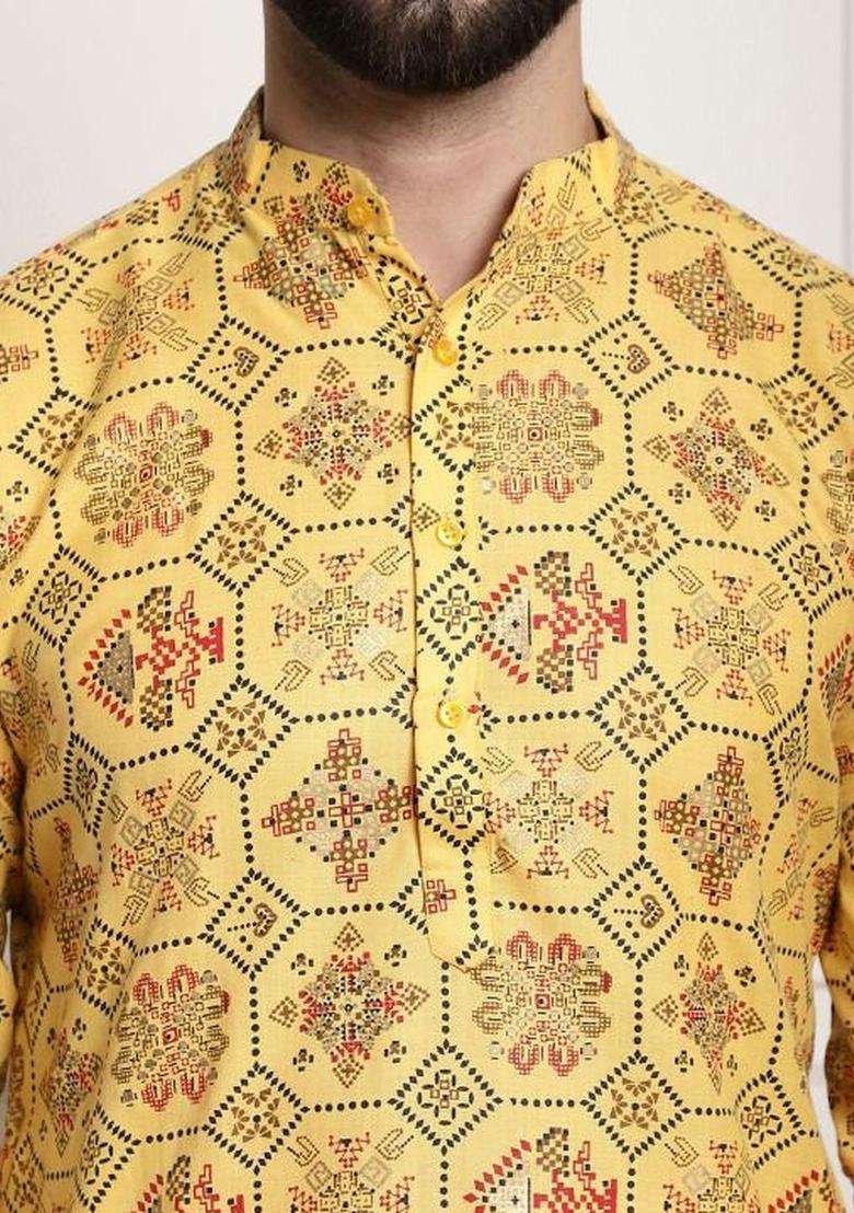 Yellow Printed Cotton Kurta Set For Men - Indya