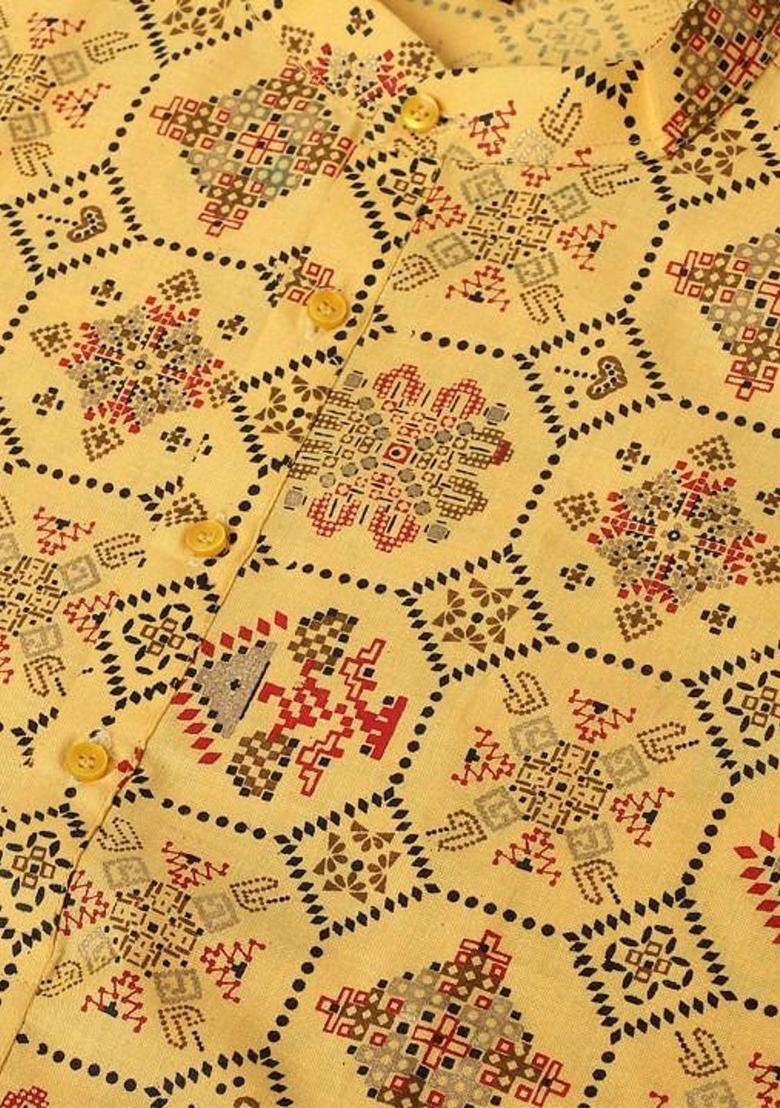 Yellow Printed Cotton Kurta Set For Men - Indya