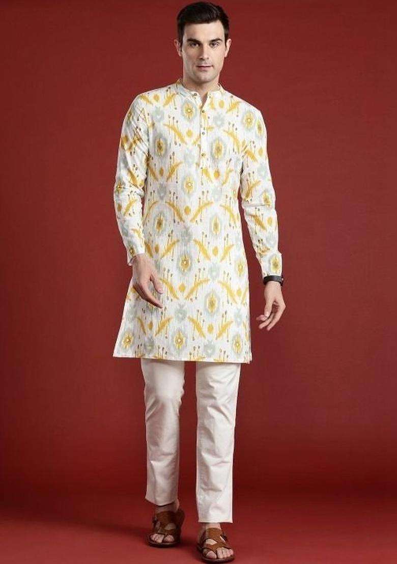 White Printed Cotton Kurta Set For Men - Indya