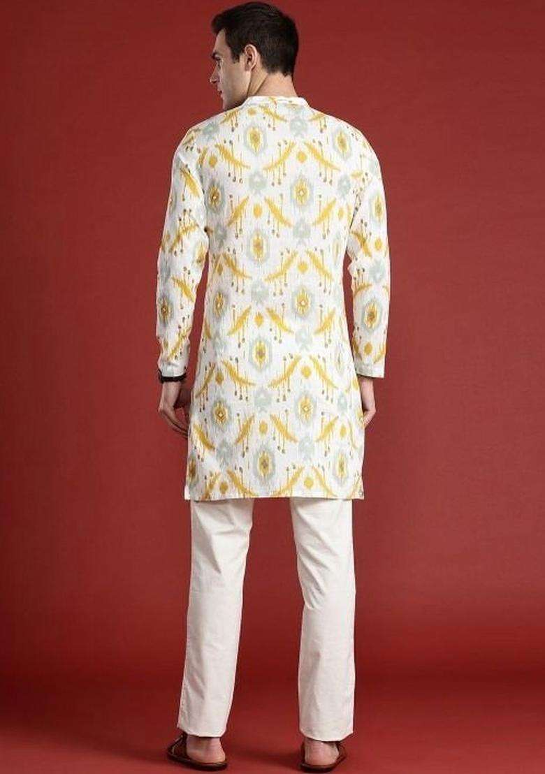 White Printed Cotton Kurta Set For Men - Indya