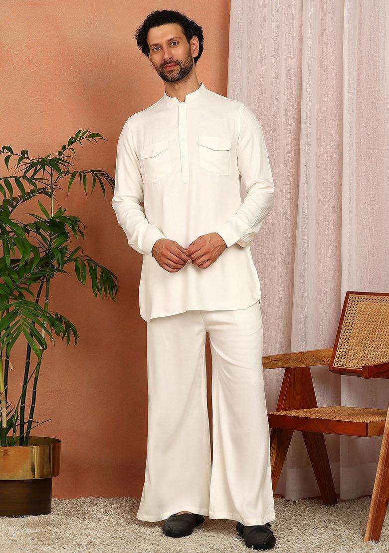 Off White Solid Viscose Kurta Set For Men - Indya