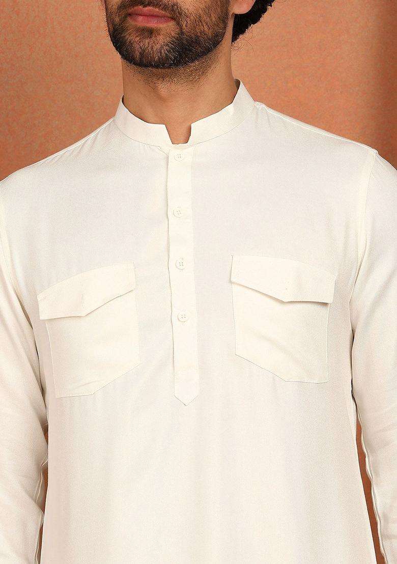 Off White Solid Viscose Kurta Set For Men - Indya