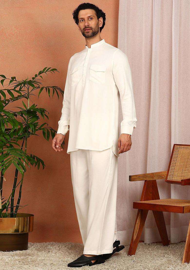 Off White Solid Viscose Kurta Set For Men - Indya