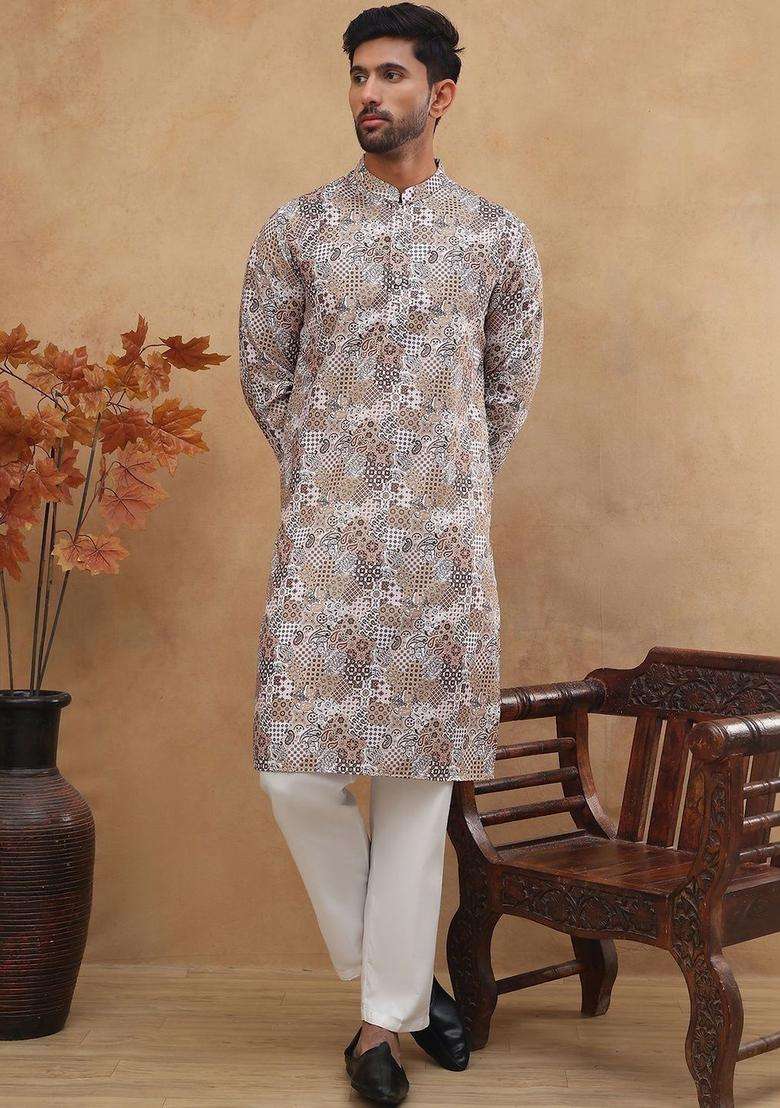 Multi Printed Cotton Kurta Set For Men - Indya