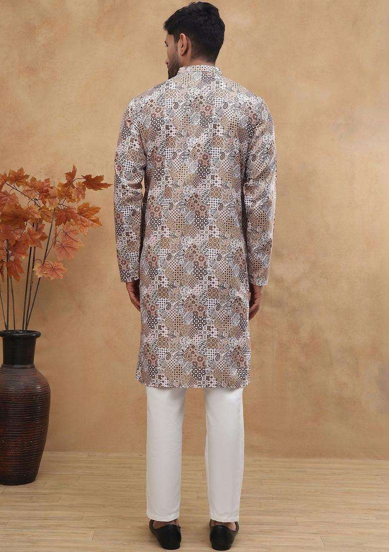 Multi Printed Cotton Kurta Set For Men - Indya