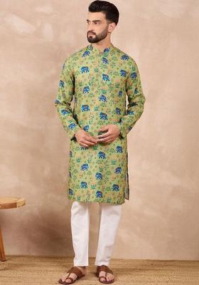 Green Printed Cotton Kurta Set For Men