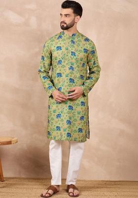 Olive Printed Cotton Kurta Set For Men