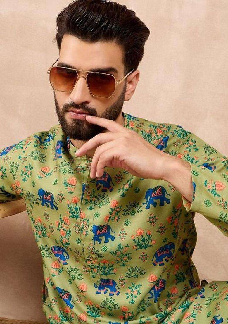 Olive Printed Cotton Kurta Set For Men - Indya