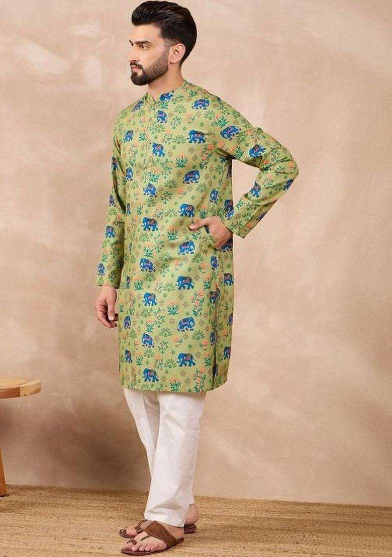 Olive Printed Cotton Kurta Set For Men - Indya