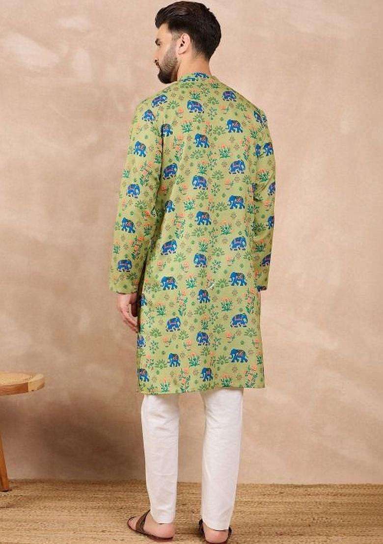 Olive Printed Cotton Kurta Set For Men - Indya