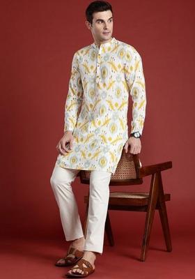 Off White Printed Cotton Kurta Set For Men