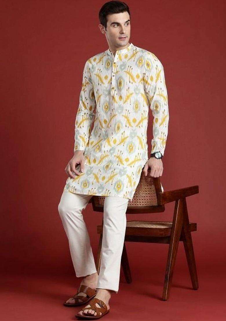 Off White Printed Cotton Kurta Set For Men - Indya