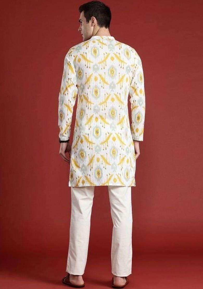 Off White Printed Cotton Kurta Set For Men - Indya