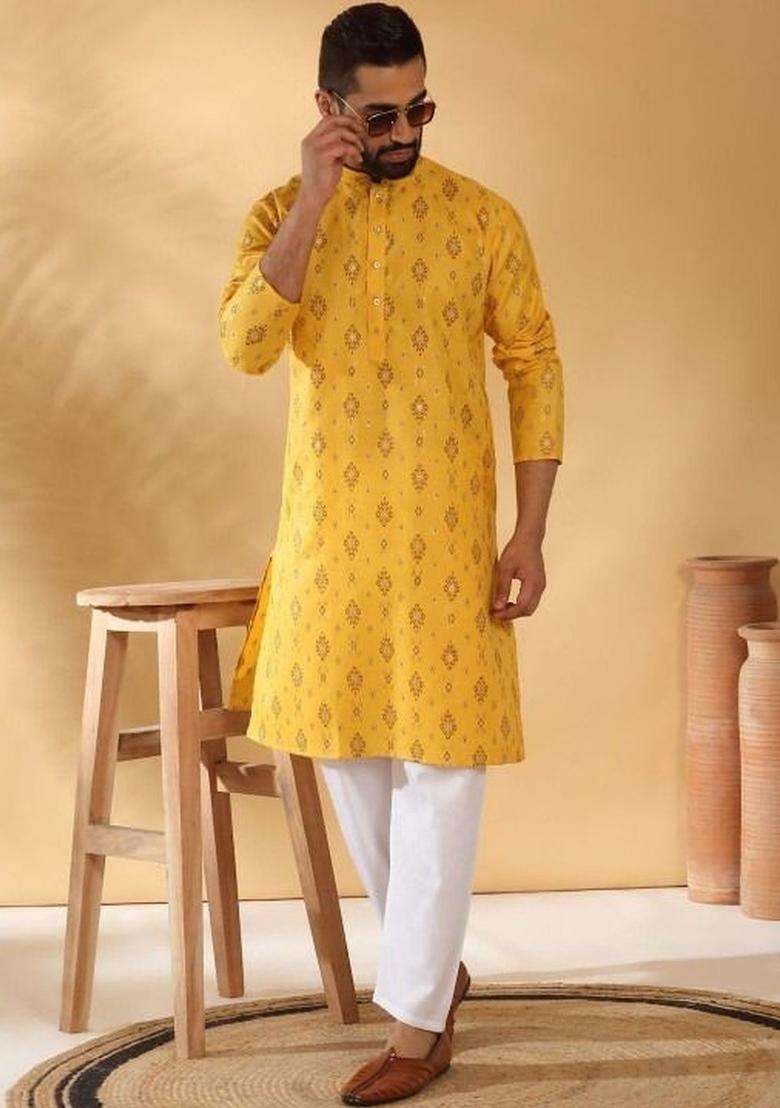 Yellow Printed Cotton Kurta Set For Men - Indya