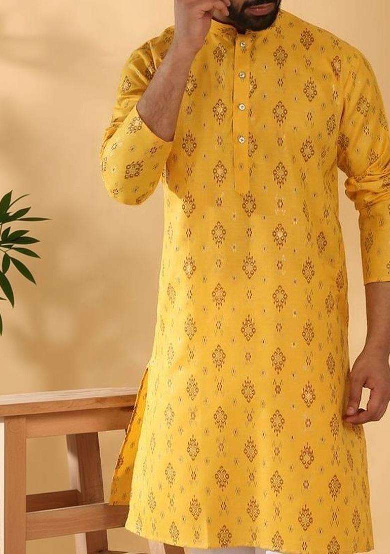 Yellow Printed Cotton Kurta Set For Men - Indya
