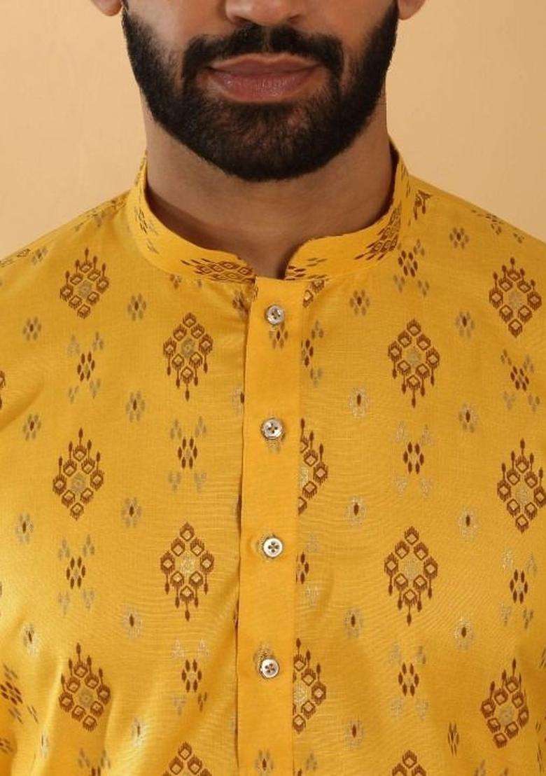 Yellow Printed Cotton Kurta Set For Men - Indya