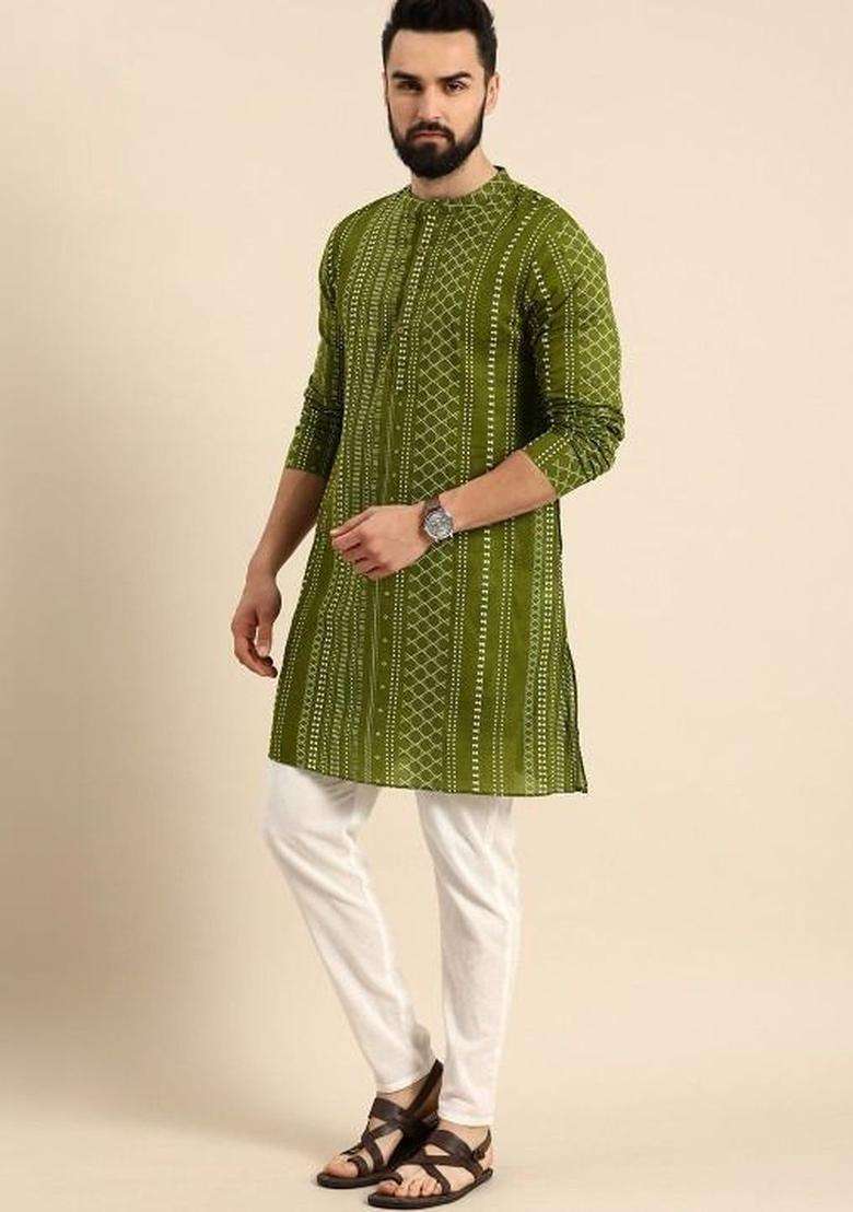 Olive Printed Cotton Kurta Set For Men - Indya