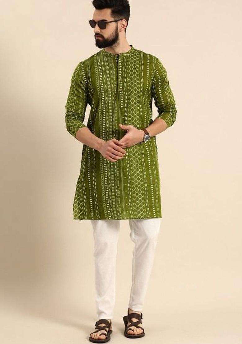 Olive Printed Cotton Kurta Set For Men - Indya