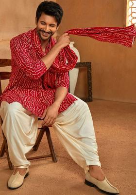 Red Printed Viscose Kurta Set For Men