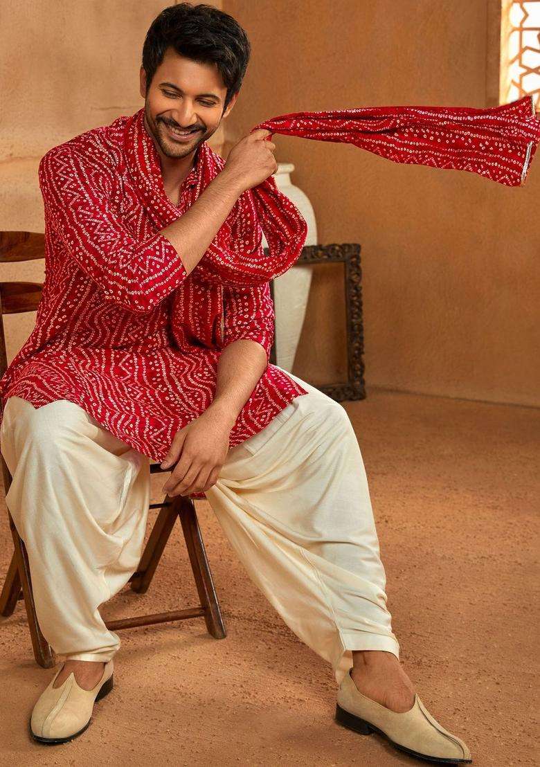 Red Printed Viscose Kurta Set For Men - Indya