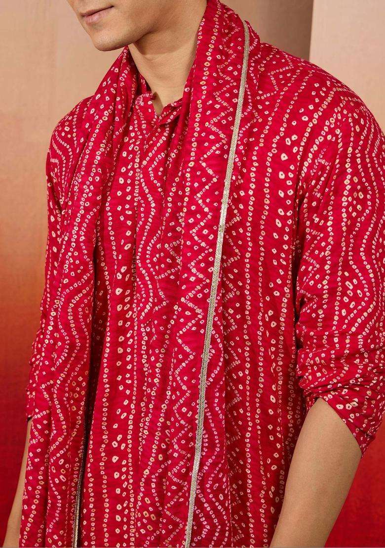 Red Printed Viscose Kurta Set For Men - Indya