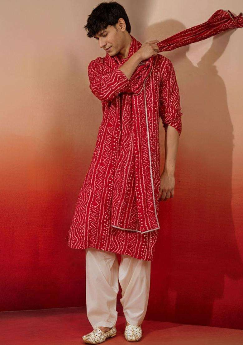 Red Printed Viscose Kurta Set For Men - Indya