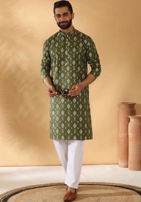 Olive Printed Cotton Kurta Set For Men