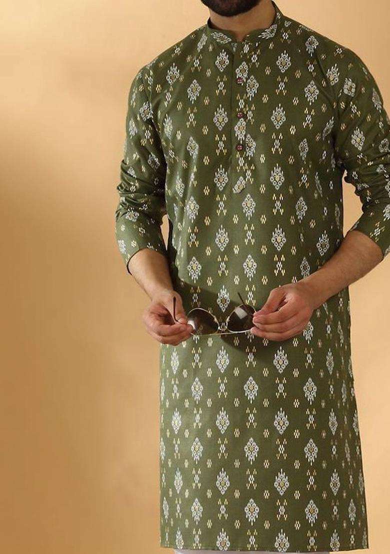 Olive Printed Cotton Kurta Set For Men - Indya