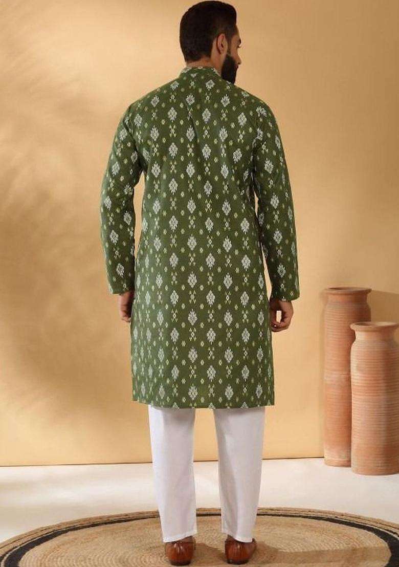 Olive Printed Cotton Kurta Set For Men - Indya