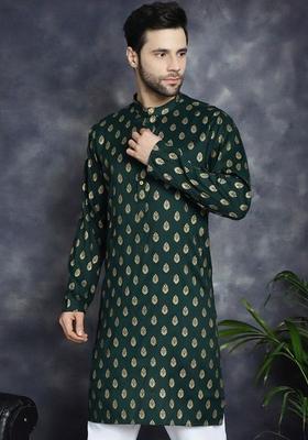 Green Printed Cotton Kurta Set For Men