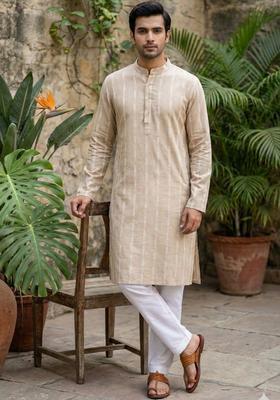 Beige Printed Cotton Kurta Set For Men