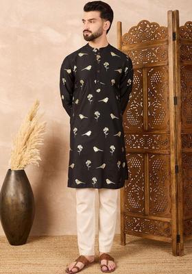 Black Printed Cotton Kurta Set For Men