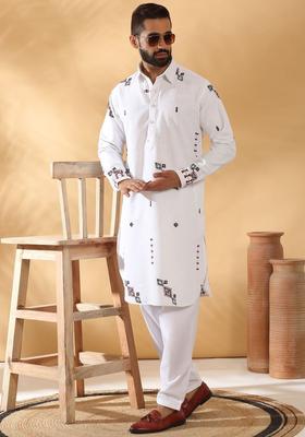 White Embroidered Linen Kurta Set For Men