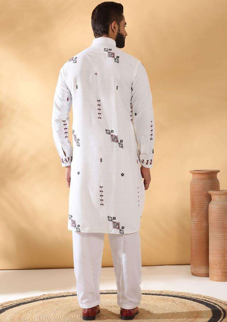 White Embroidered Linen Kurta Set For Men - Indya