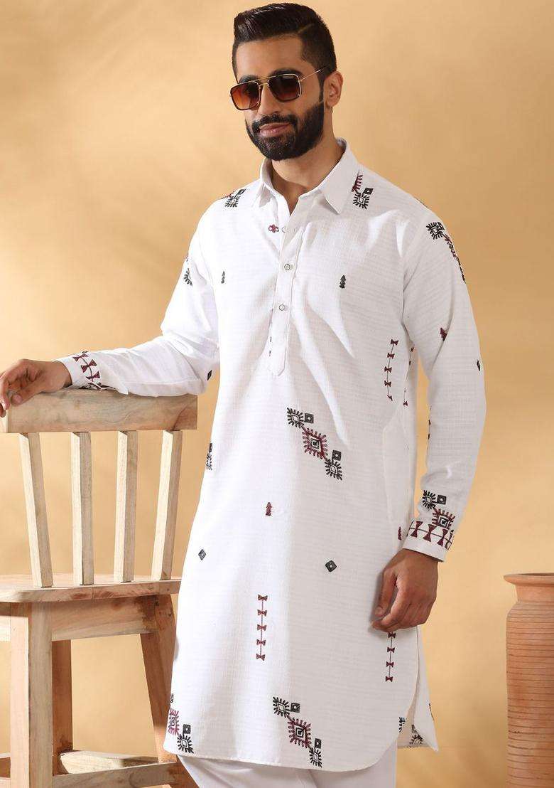 White Embroidered Linen Kurta Set For Men - Indya