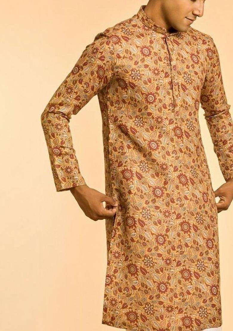 Yellow Printed Cotton Kurta Set For Men - Indya