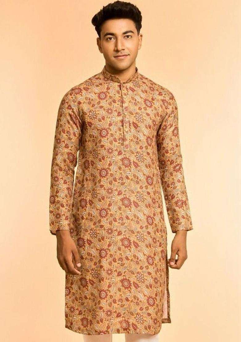 Yellow Printed Cotton Kurta Set For Men - Indya