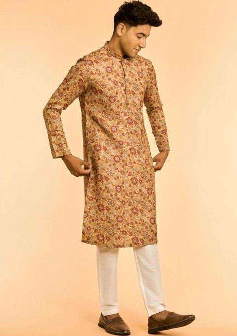 Yellow Printed Cotton Kurta Set For Men - Indya