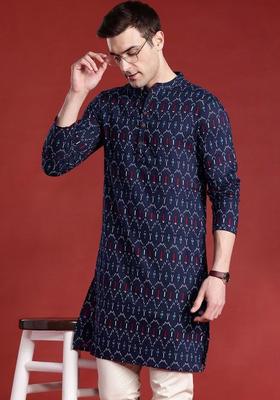Navy Blue Printed Cotton Kurta Set For Men