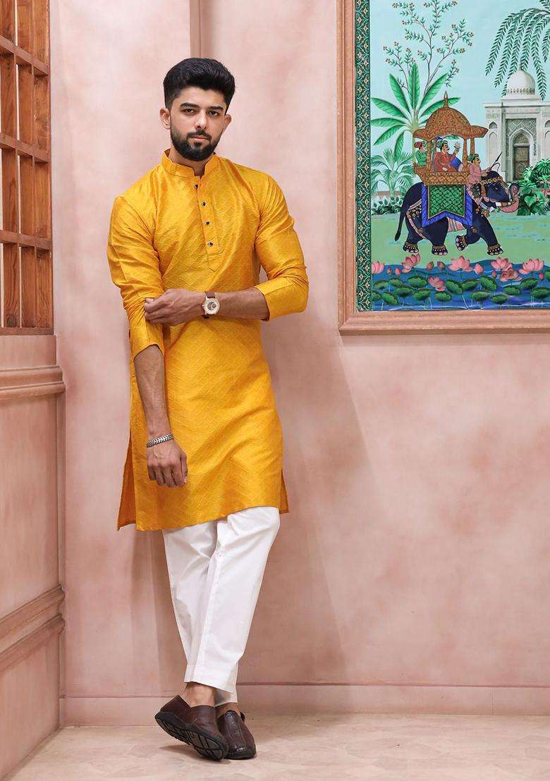 Yellow Woven Design Silk Blend Kurta Set For Men - Indya